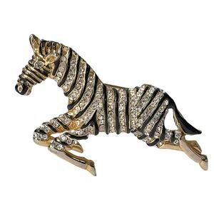 1980s Sphinx Gold Plate Black Enamel & White Rhinestones Galloping Zebra Brooch